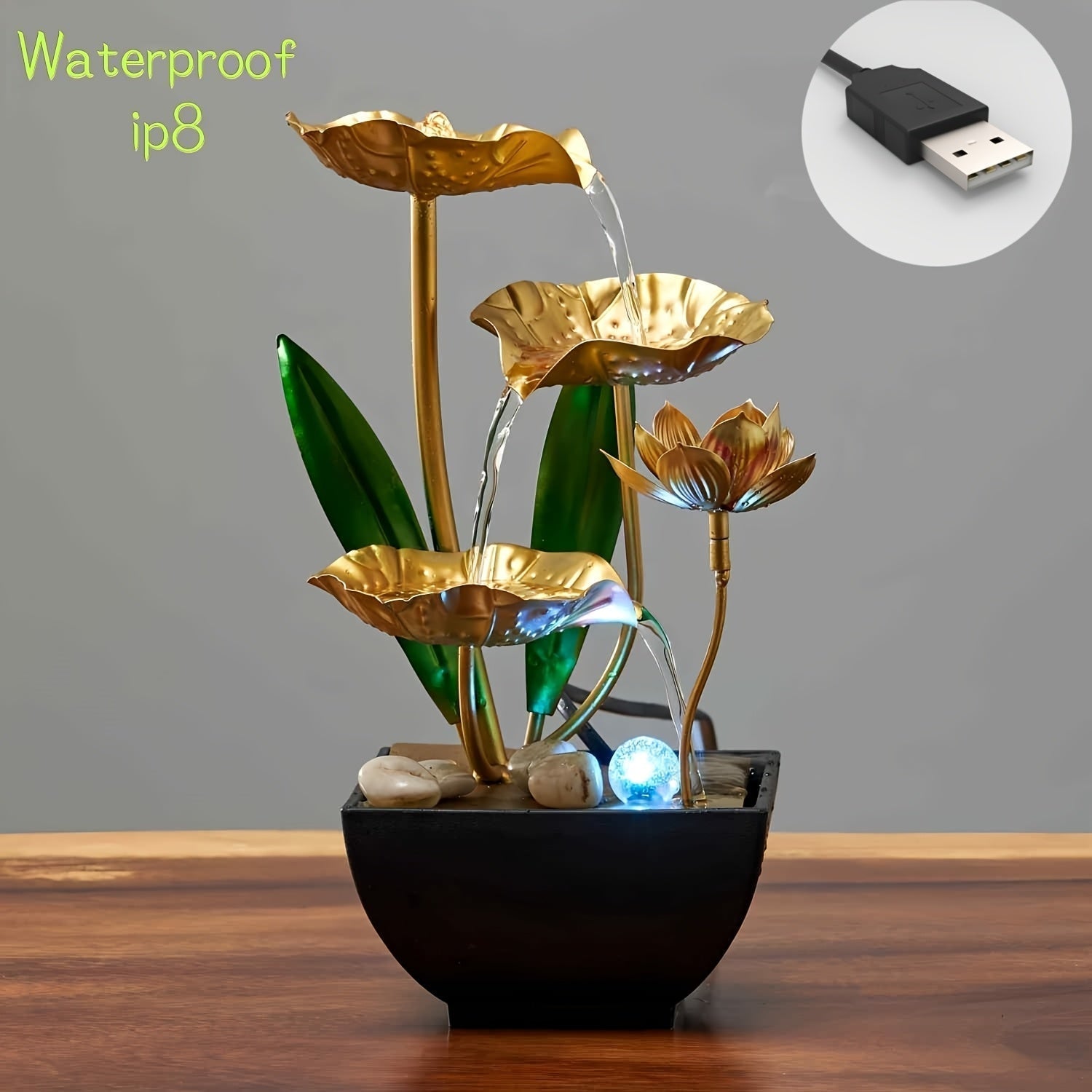 Dekorativt vandspil til bord med LED og lotus-look