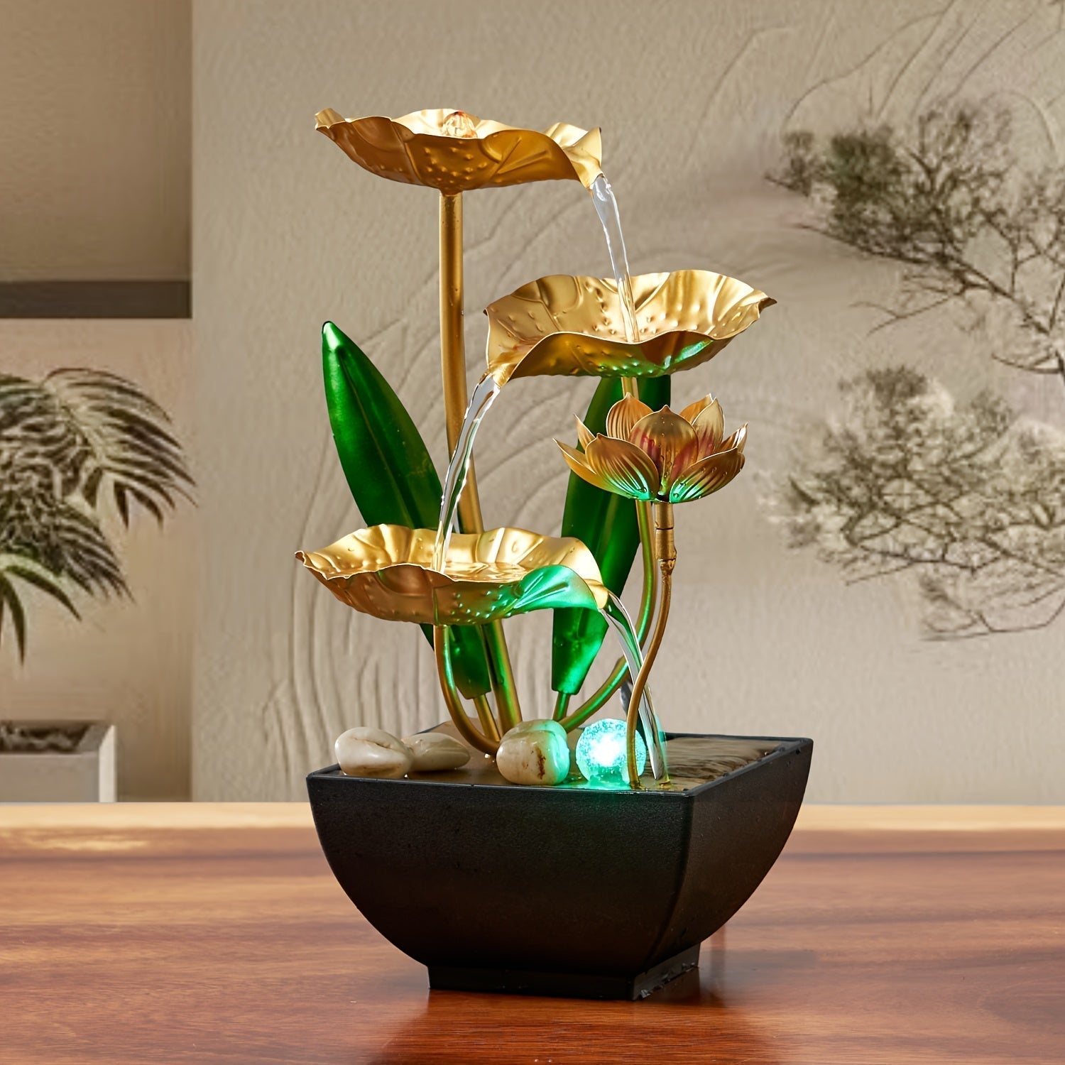 Dekorativt vandspil til bord med LED og lotus-look