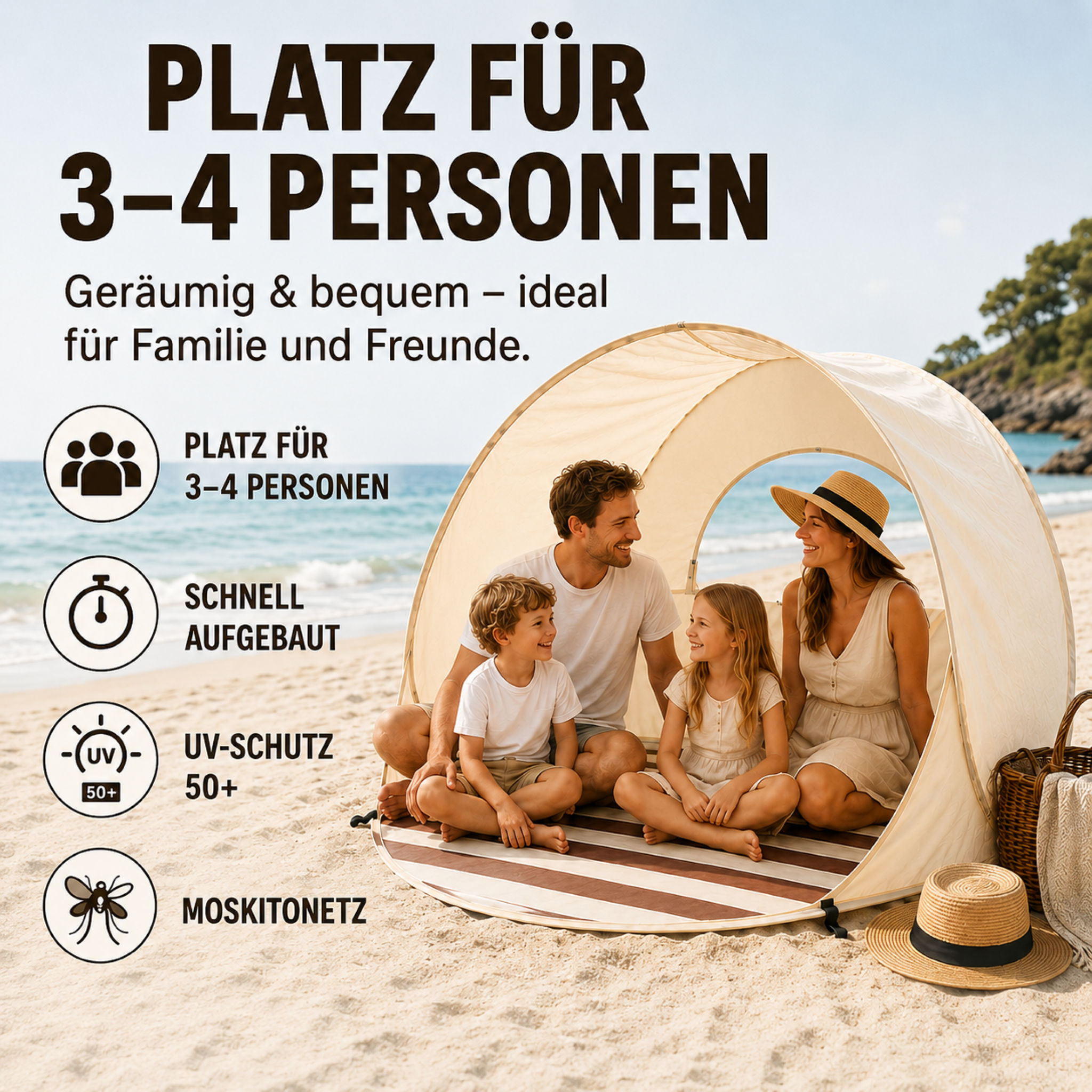 Sonnennest PopUp-Strandmuschel für 3–4 Personen mit Sofortaufbau