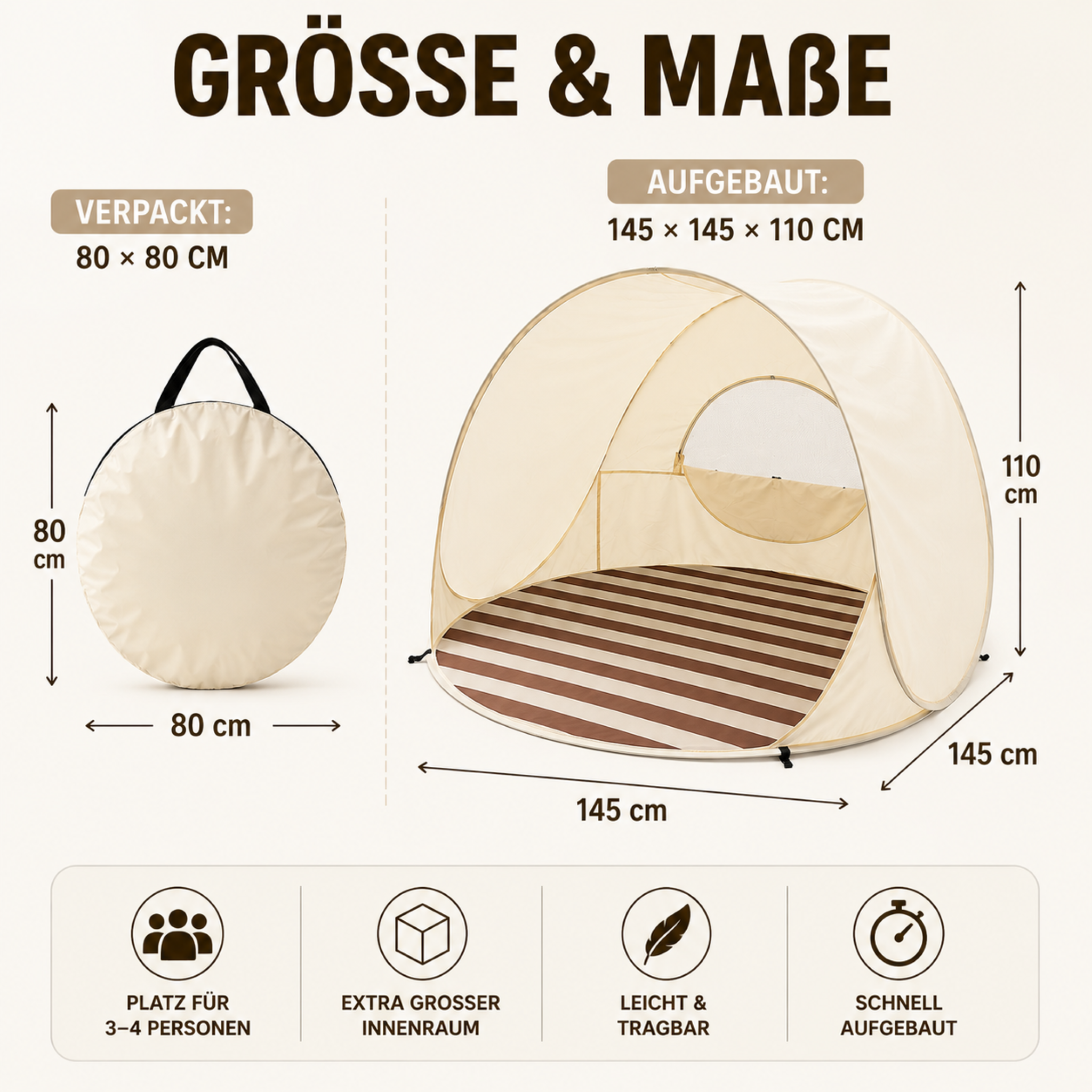 Sonnennest PopUp-Strandmuschel für 3–4 Personen mit Sofortaufbau