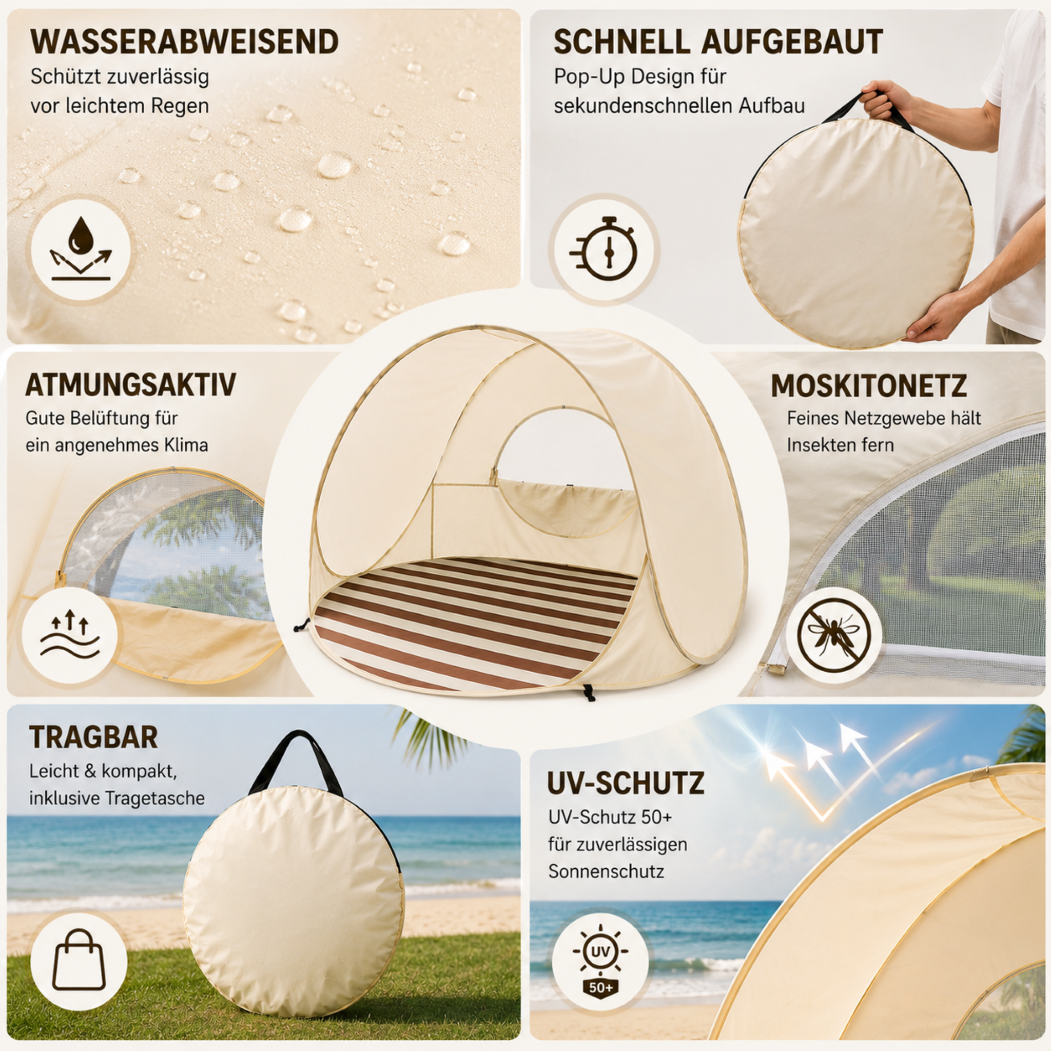 Sonnennest PopUp-Strandmuschel für 3–4 Personen mit Sofortaufbau