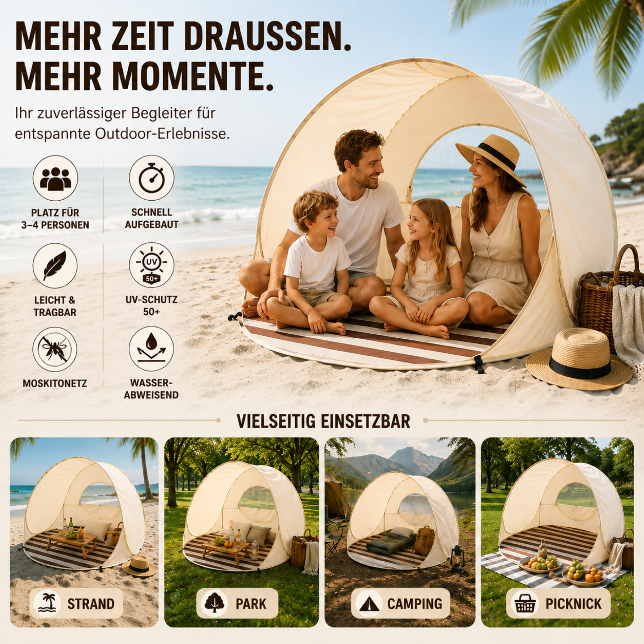 Sonnennest PopUp-Strandmuschel für 3–4 Personen mit Sofortaufbau