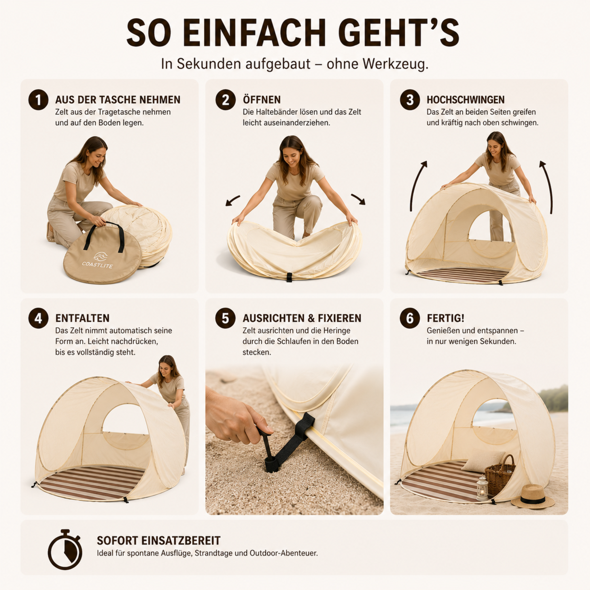Sonnennest PopUp-Strandmuschel für 3–4 Personen mit Sofortaufbau