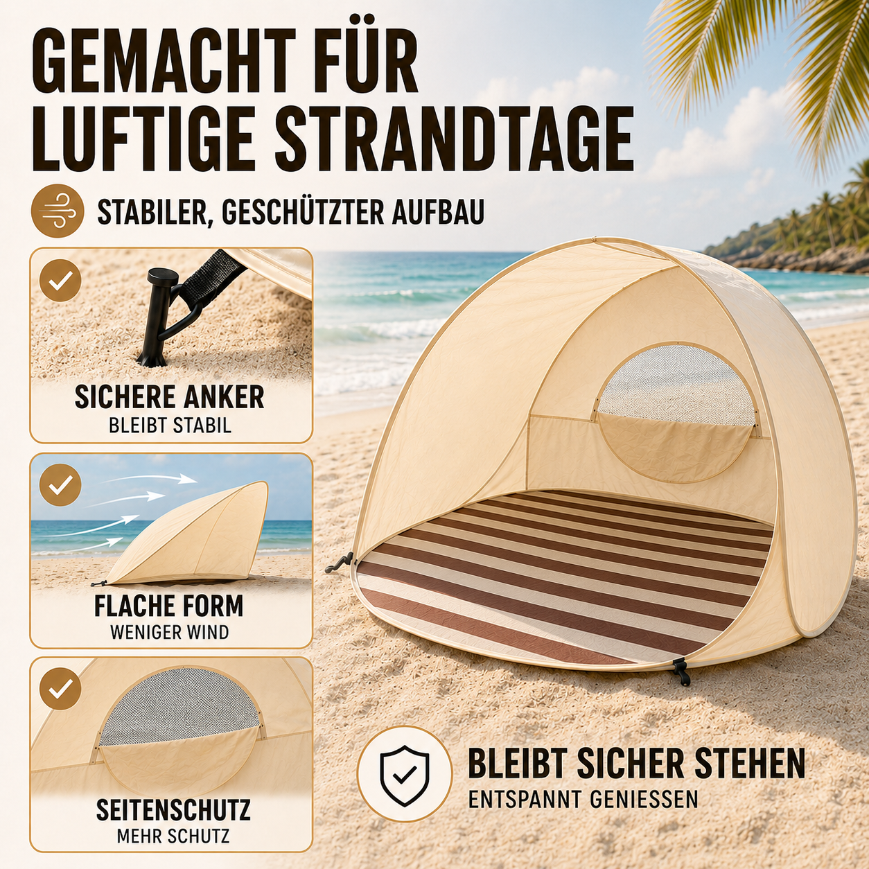 Sonnennest PopUp-Strandmuschel für 3–4 Personen mit Sofortaufbau