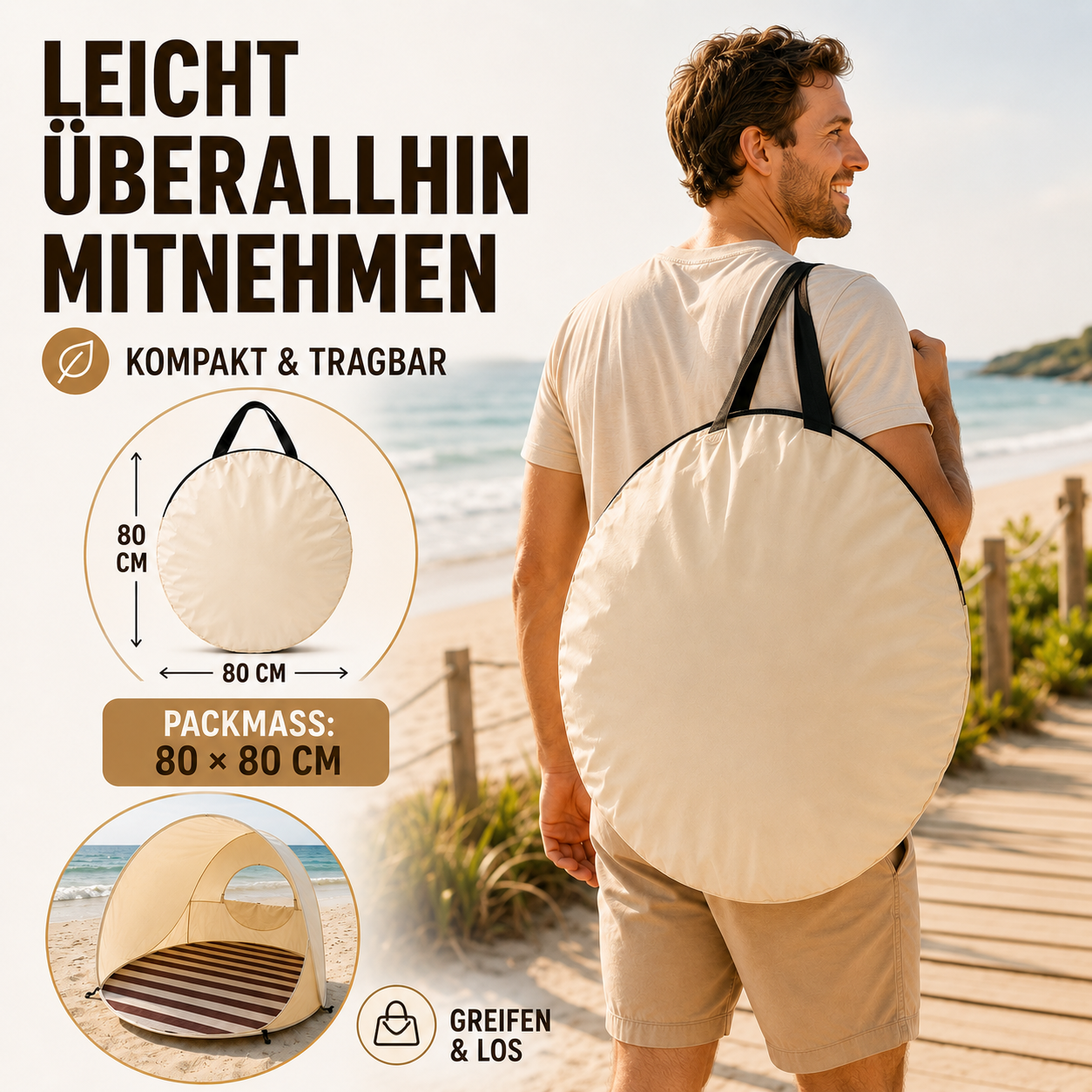 Sonnennest PopUp-Strandmuschel für 3–4 Personen mit Sofortaufbau
