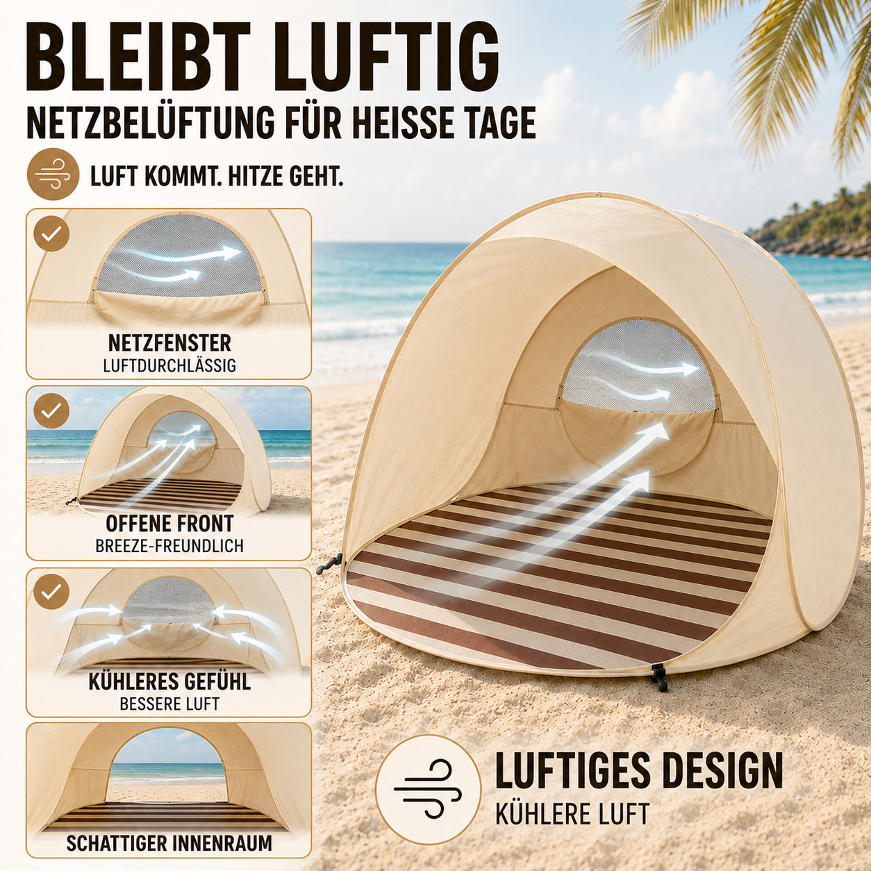 Sonnennest PopUp-Strandmuschel für 3–4 Personen mit Sofortaufbau