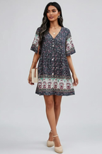 Floravie Damen Boho Midikleid mit Blumenmuster und V-Ausschnitt