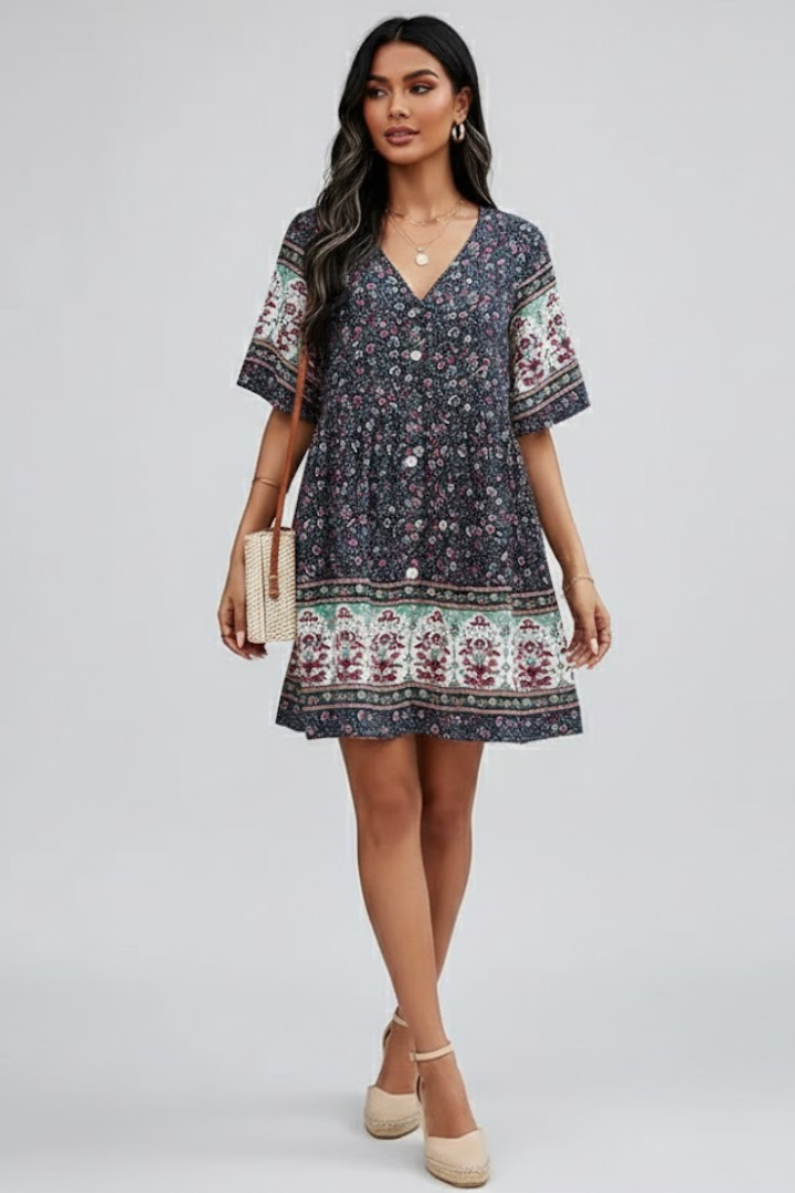 Floravie Damen Boho Midikleid mit Blumenmuster und V-Ausschnitt