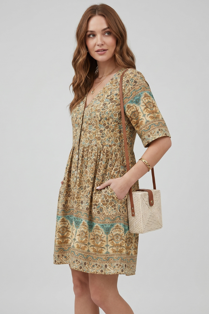 Floravie Damen Boho Midikleid mit Blumenmuster und V-Ausschnitt