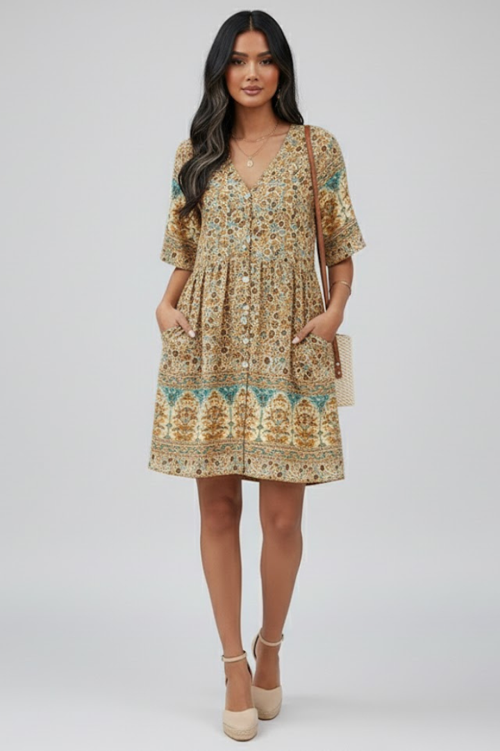 Floravie Damen Boho Midikleid mit Blumenmuster und V-Ausschnitt