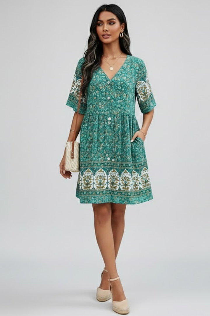 Floravie Damen Boho Midikleid mit Blumenmuster und V-Ausschnitt