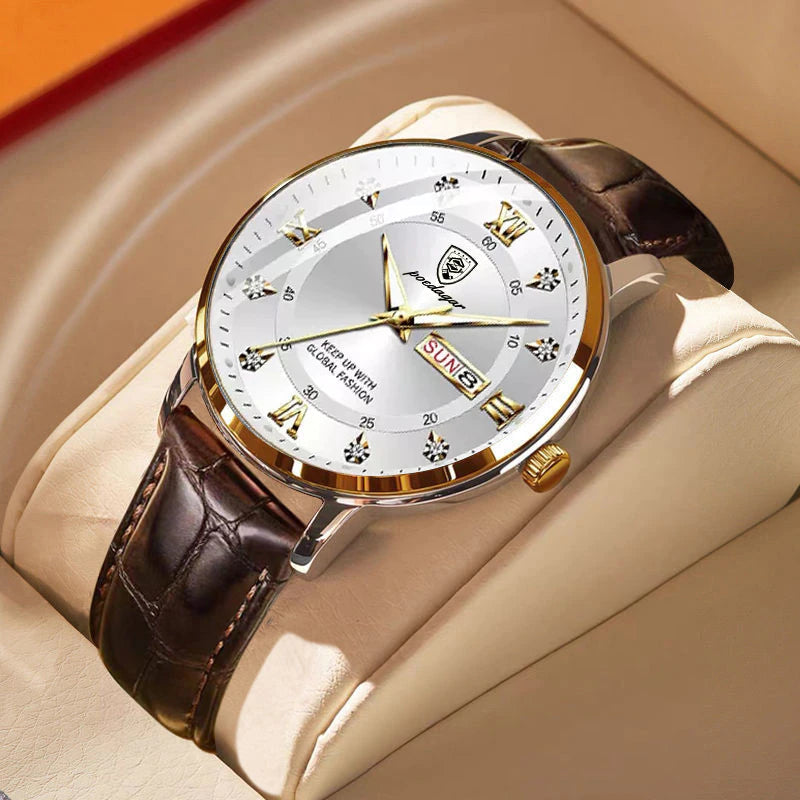 ChronoVero Herren Armbanduhr mit Lederarmband und Leuchtzeigern