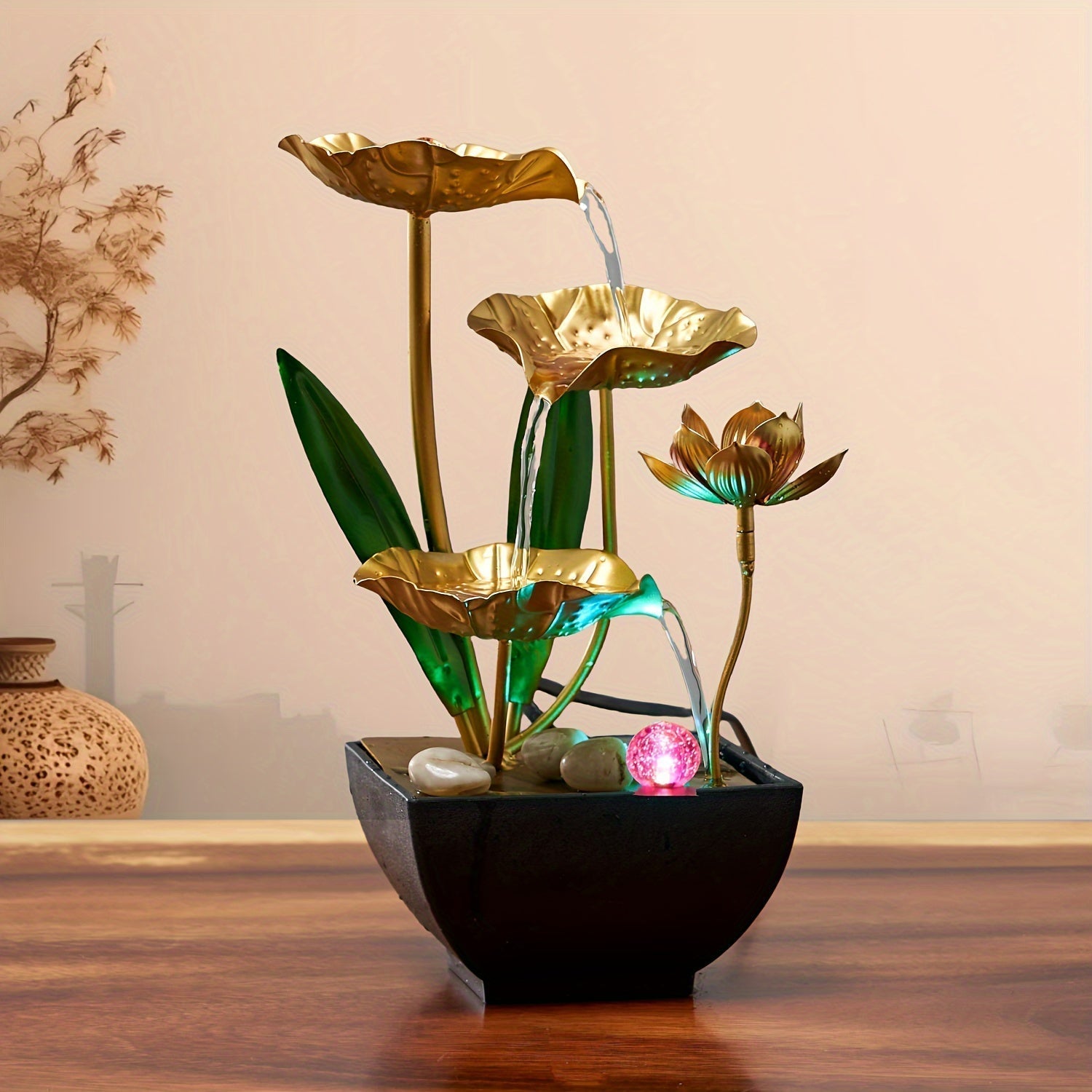 Dekorativt vandspil til bord med LED og lotus-look