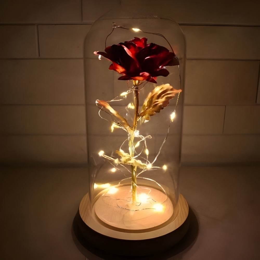 GoldBlume LED dekorationsrose under glasklokke trådløs
