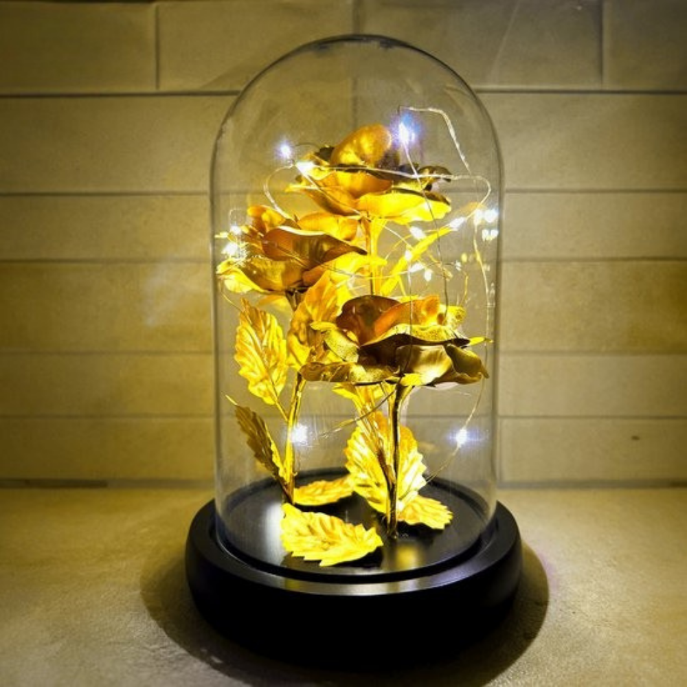 GoldBlume LED dekorationsrose under glasklokke trådløs
