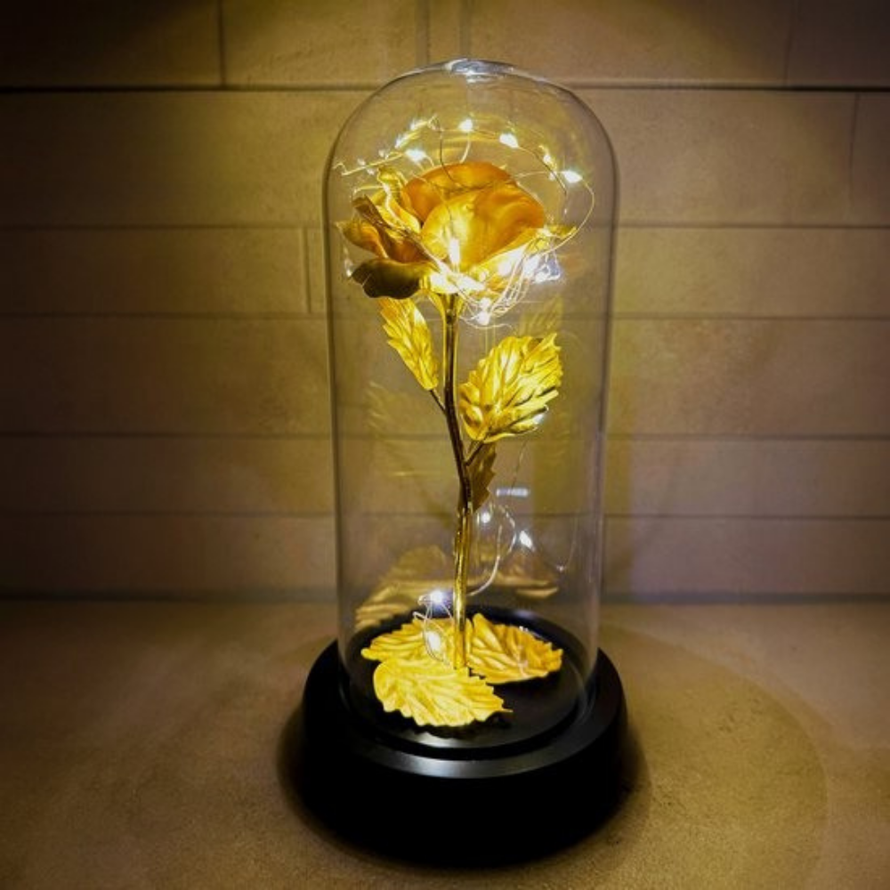 GoldBlume LED dekorationsrose under glasklokke trådløs